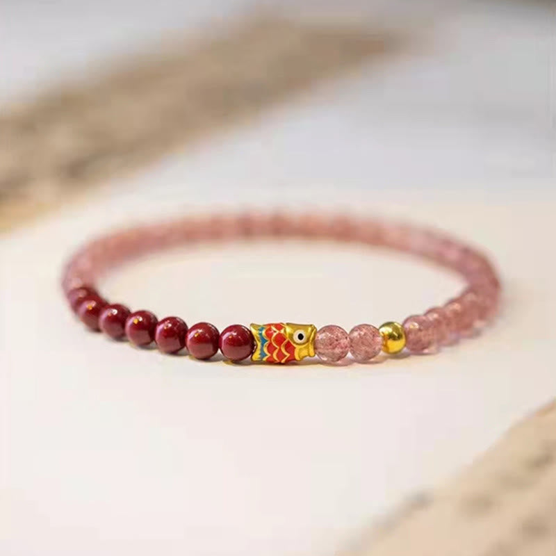 Buddha Stones天然ストロベリークォーツ 辰砂 幸運の鯉 ヒーリングブレスレット