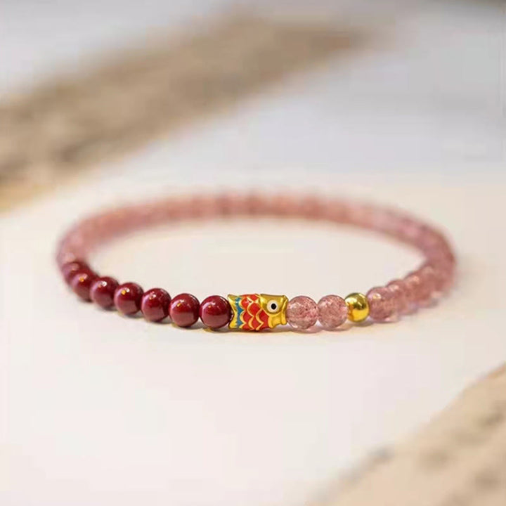 Buddha Stones天然ストロベリークォーツ 辰砂 幸運の鯉 ヒーリングブレスレット