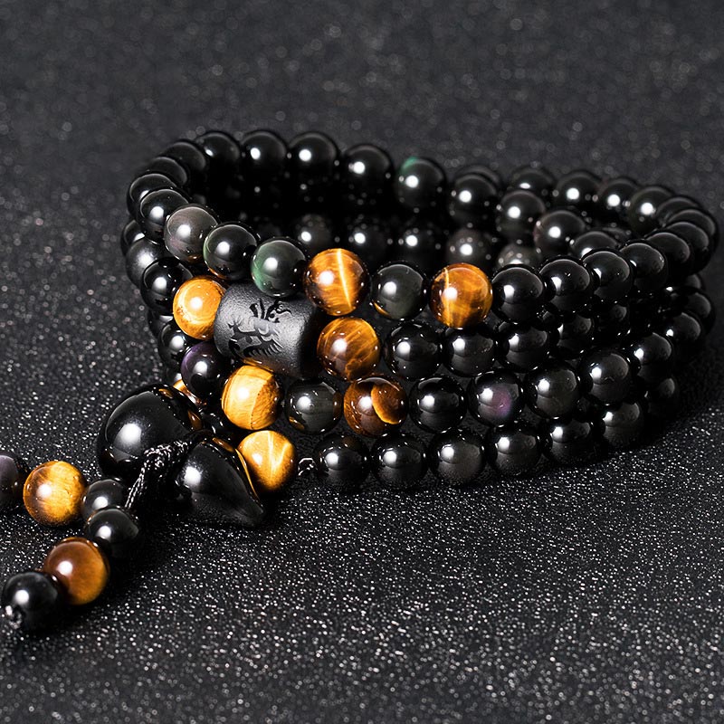 Buddha Stones天然黒曜石 レインボーオブシディアン ひょうたん 祝福ブレスレットMala