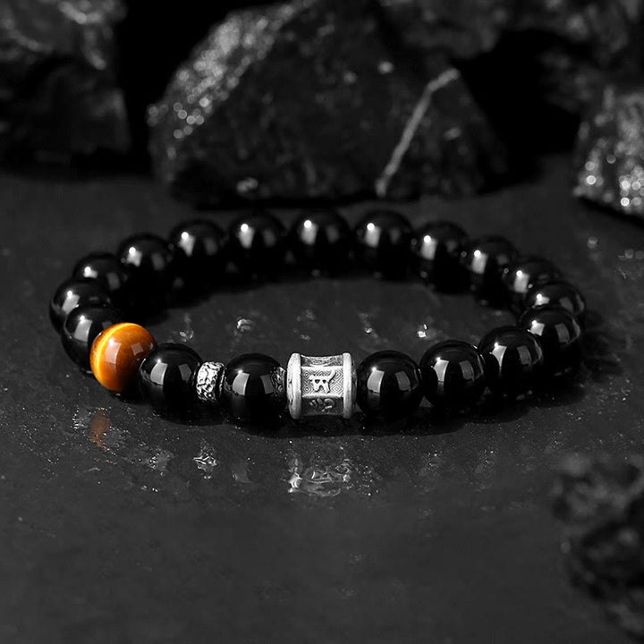 Buddha Stones999 スターリングシルバー ブラックオブシディアン タイガーアイオーム・マニ・パドメ・フムフルフィルメントブレスレット