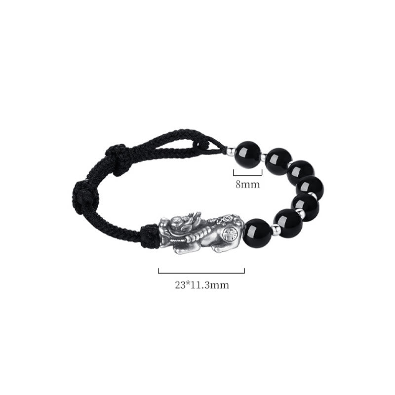 Buddha Stones999スターリングシルバー 風水 貔貅 天然黒曜石 925スターリングシルバー ビーズ 強度ブレスレット