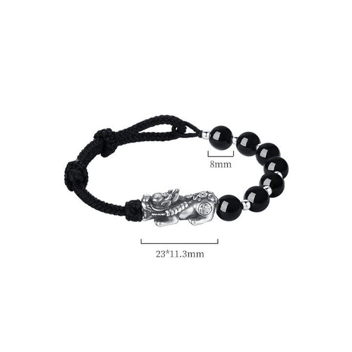 Buddha Stones999スターリングシルバー 風水 貔貅 天然黒曜石 925スターリングシルバー ビーズ 強度ブレスレット