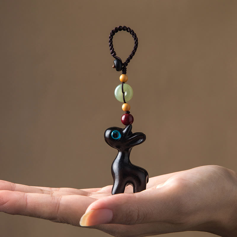 Buddha Stones緑白檀 黒檀 ミニ鹿 ポジティブピース バックル キーチェーン 携帯電話吊り下げ装飾