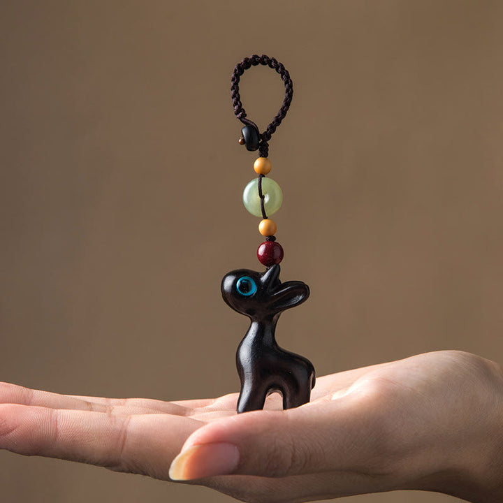 Buddha Stones緑白檀 黒檀 ミニ鹿 ポジティブピース バックル キーチェーン 携帯電話吊り下げ装飾