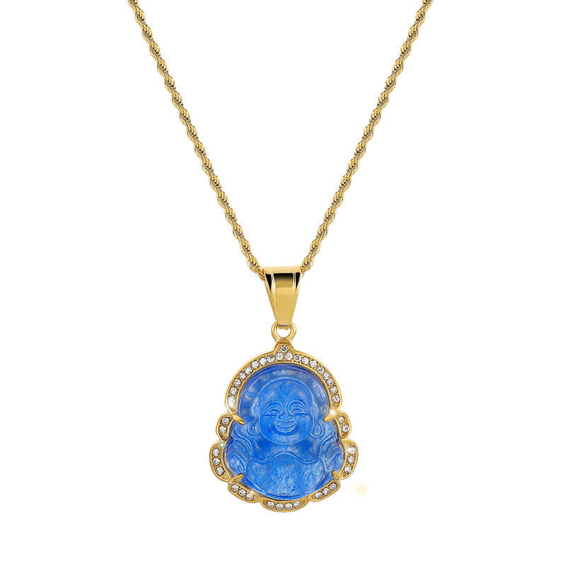 Buddha Stones18K ゴールドフィルド 笑う仏陀 翡翠 幸運のネックレスチェーンペンダント - 青 - image 15