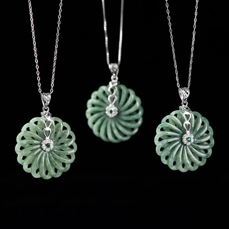 Buddha Stones925スターリングシルバー 天然ラウンド翡翠 ピースバックル 豊穣のネックレスペンダント