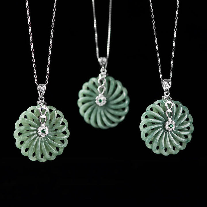 Buddha Stones925スターリングシルバー 天然ラウンド翡翠 ピースバックル 豊穣のネックレスペンダント