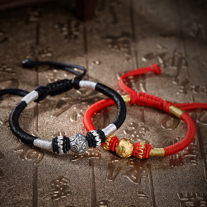 Buddha Stones999 スターリングシルバー ラウンド銅貨 守護 幸運 ビーズ ストリングブレスレット