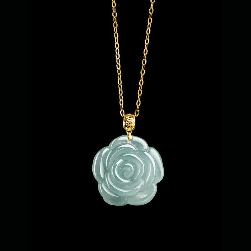 Buddha Stones18Kゴールド 925スターリングシルバー 天然翡翠 ローズ 幸運のネックレスペンダント