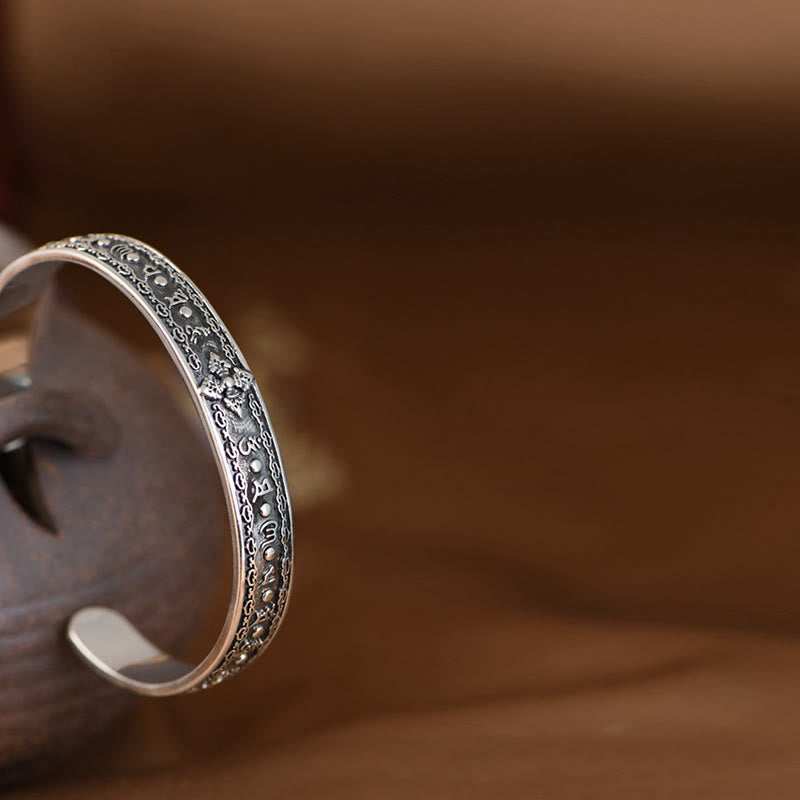 Buddha Stones925スターリングシルバーオーム・マニ・パドメ・フムダブルドルジェ 刻印入り ウィズダムカフブレスレット バングル
