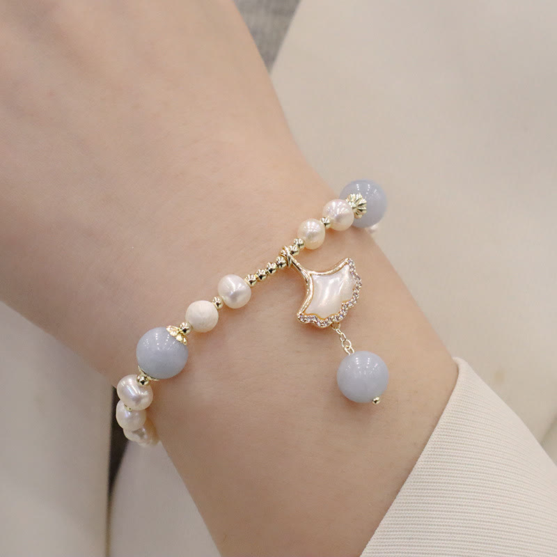 Buddha Stones天然アクアマリンパール ヒーリング イチョウの葉 バタフライ チャームブレスレット