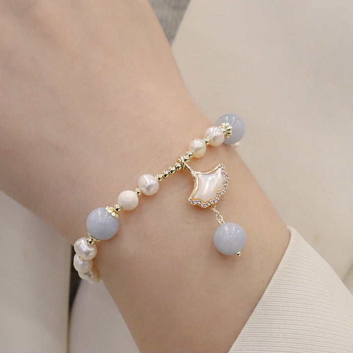 Buddha Stones天然アクアマリンパール ヒーリング イチョウの葉 バタフライ チャームブレスレット