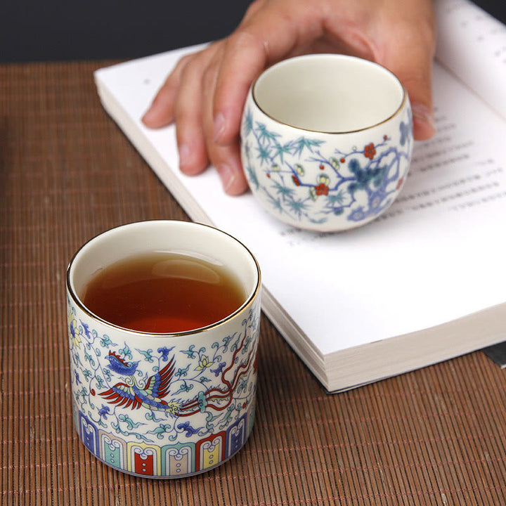 Buddha Stonesヴィンテージ 梅の花 松 竹 鳳凰 麒麟 獅子舞 陶器 ティーカップ ティーカップ