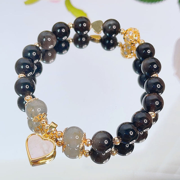 Buddha Stones天然銀光沢黒曜石 ラブハート スターフラワー 守護ブレスレット