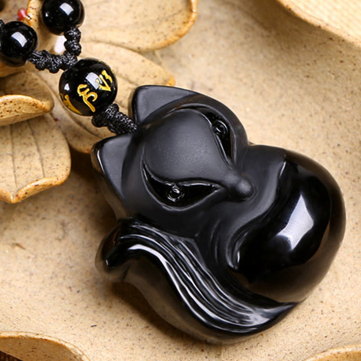 Buddha Stones天然黒曜石 タイガーアイ アイスオブシディアン フォックスペンダント お守りネックレス