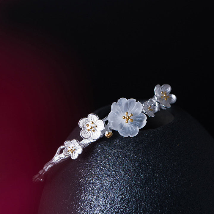 Buddha Stones925スターリングシルバー プラムフラワー 祝福ブレスレット 調節可能バングル