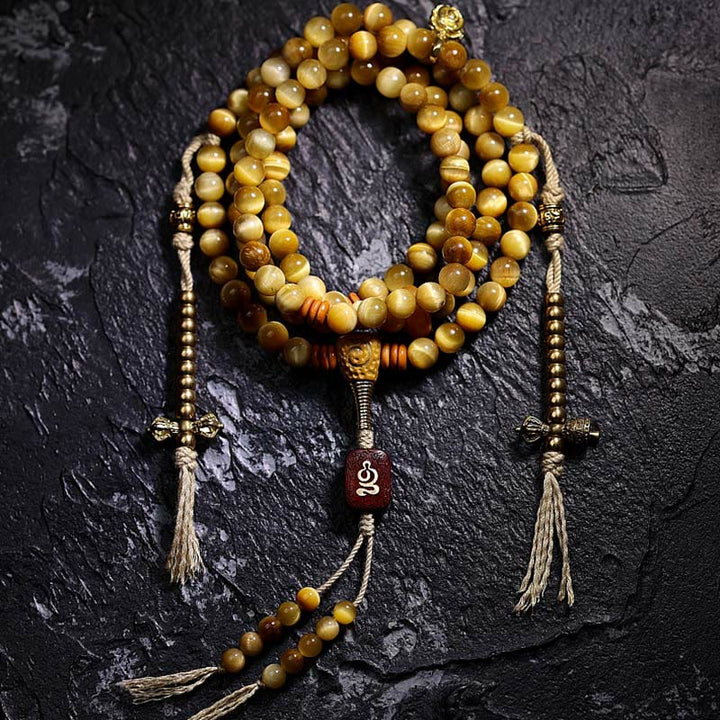 Buddha Stones 108Mala天然タイガーアイ 銅製 ドルジェ 守護 タッセルブレスレット