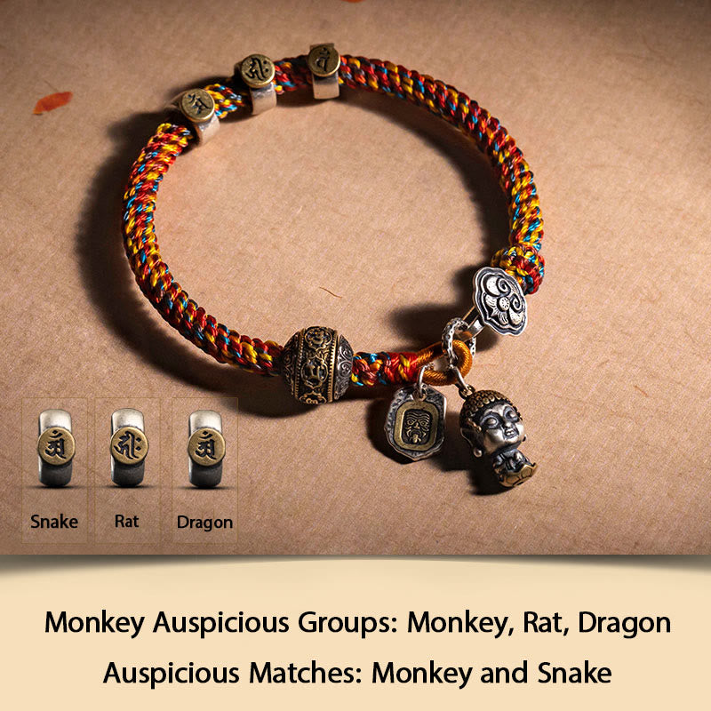 Buddha Stonesハンドメイド チベット 925 スターリングシルバー十二支誕生仏ザキラム 富の守護女神 マルチカラー ロープ編みブレスレット