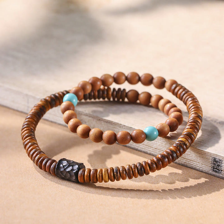 Buddha Stones白檀小葉 レッドサンダルウッド ターコイズ プロテクション ダブルラップブレスレット