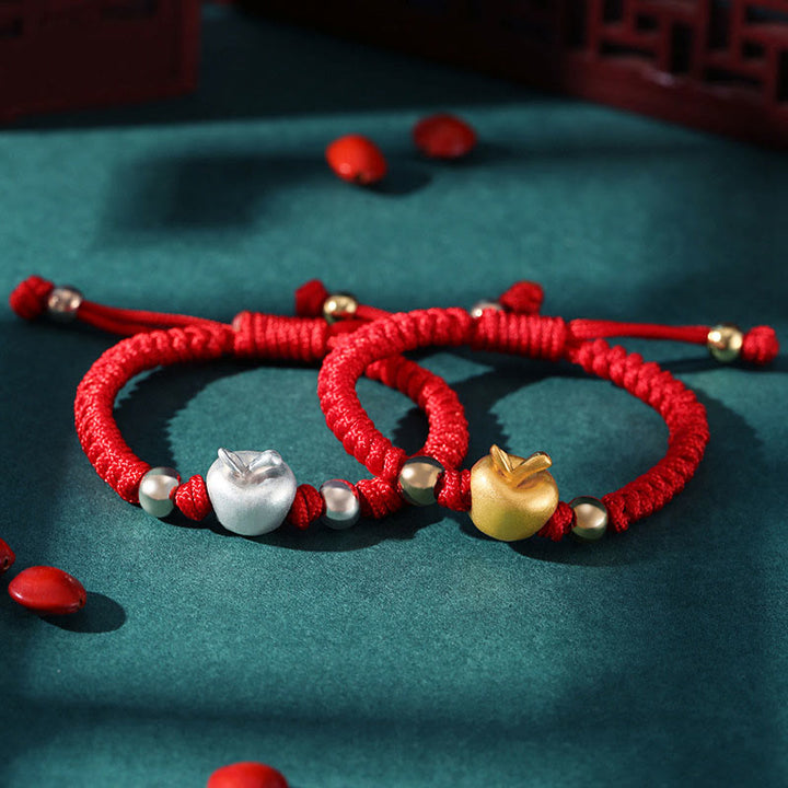 Buddha Stones 999スターリングシルバー アップルレッド マルチカラーロープ 幸運のお守り 手作り 子供用ブレスレット