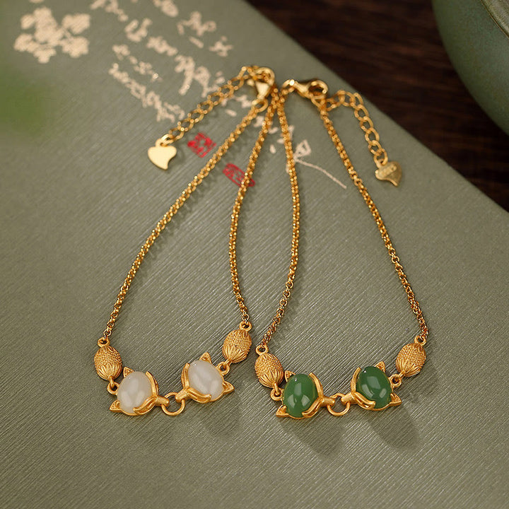 Buddha Stones925 スターリングシルバー 天然和田白翡翠 シアン翡翠 愛らしいキツネの幸運のブレスレット