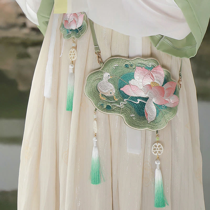 Buddha Stonesと幸運の刺繍、蓮と鯉とウサギの花の漢服バッグ、斜め掛けバッグ、ショルダーバッグ