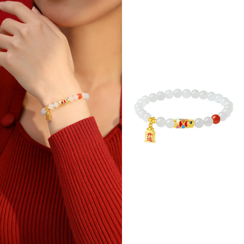 Buddha Stones925 スターリングシルバー 和田白翡翠 赤瑪瑙 鯉 幸運 幸福 ブレスレット