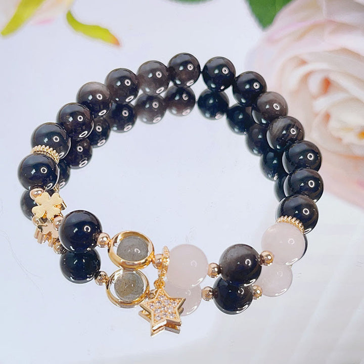 Buddha Stones天然銀光沢黒曜石 ラブハート スターフラワー 守護ブレスレット