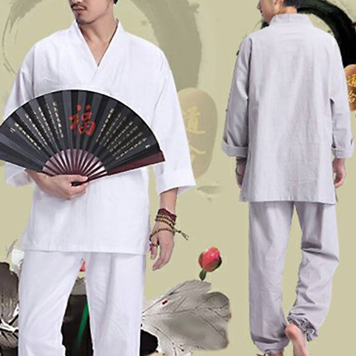 Buddha Stones瞑想祈りVネックデザインコットンリネンスピリチュアル禅練習ヨガウェアメンズセット - image 18