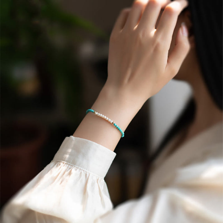 Buddha Stones 925スターリングシルバー 天然ターコイズパールビーズブレスレット