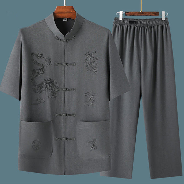 Buddha Stones唐装漢服中国龍伝統カンフーユニフォーム半袖トップスとパンツ衣類メンズセット