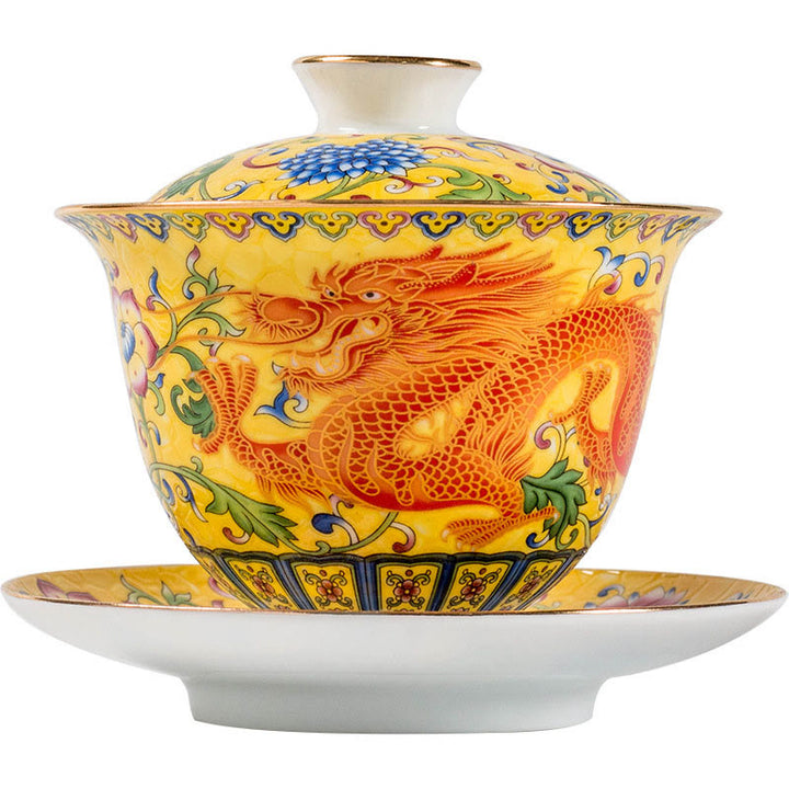 Buddha Stones龍鳳凰花デザイン陶器蓋碗三彩ティーカップカンフーティーカップ＆ソーサー蓋付き
