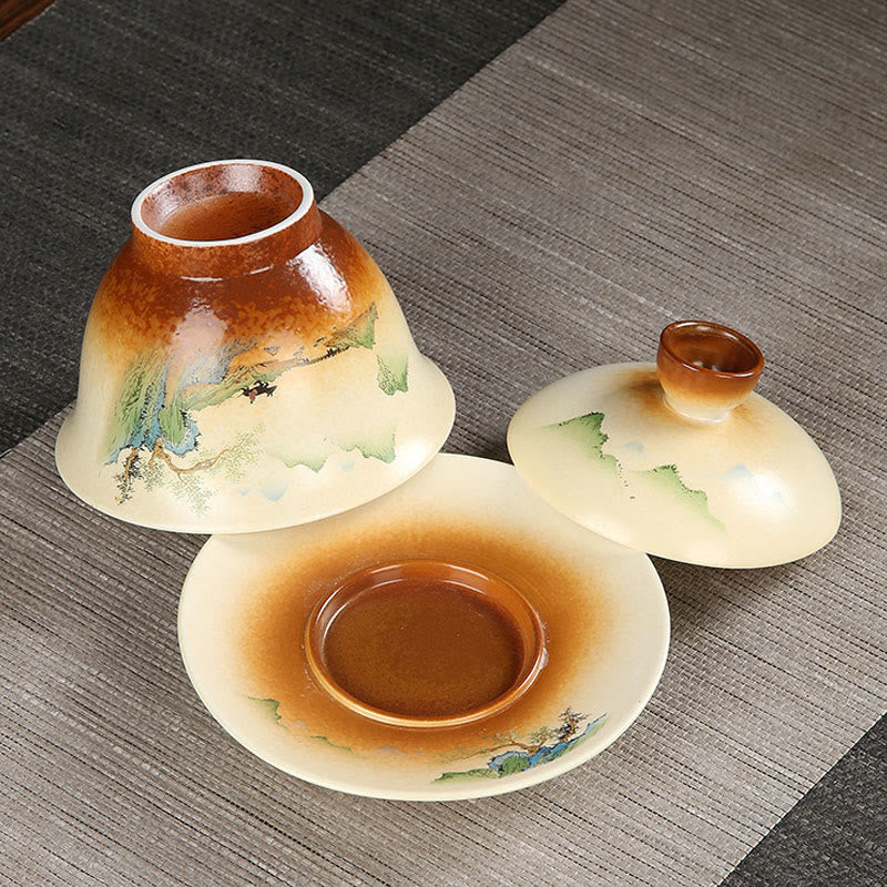 Buddha Stones山の風景 田舎 陶器 蓋碗 三彩 ティーカップ カンフー ティーカップ ソーサー 蓋付き