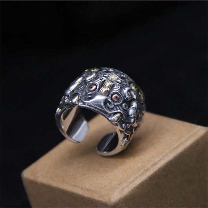 Buddha Stones925 スターリングシルバー 風水 魁 牛守 調節可能リング