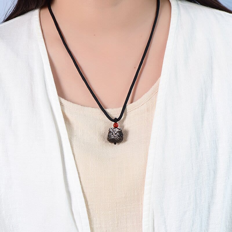 Buddha Stones天然銀光沢黒曜石踊るライオン守護ネックレスペンダント
