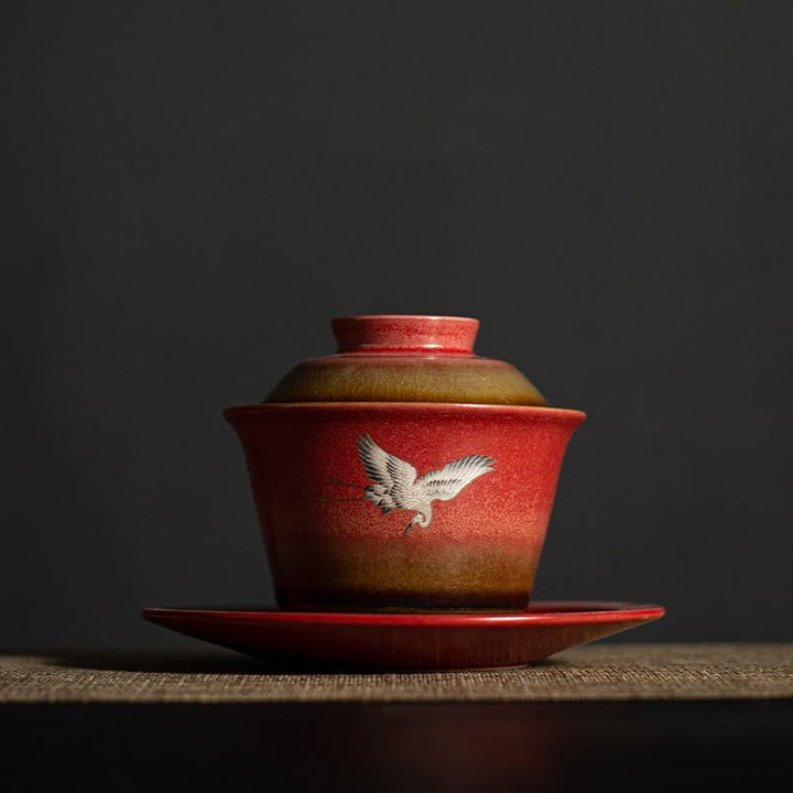 Buddha Stones赤縁起の良い鶴 陶器 蓋碗三彩 ティーカップ カンフーティーカップ＆ソーサー 蓋付き