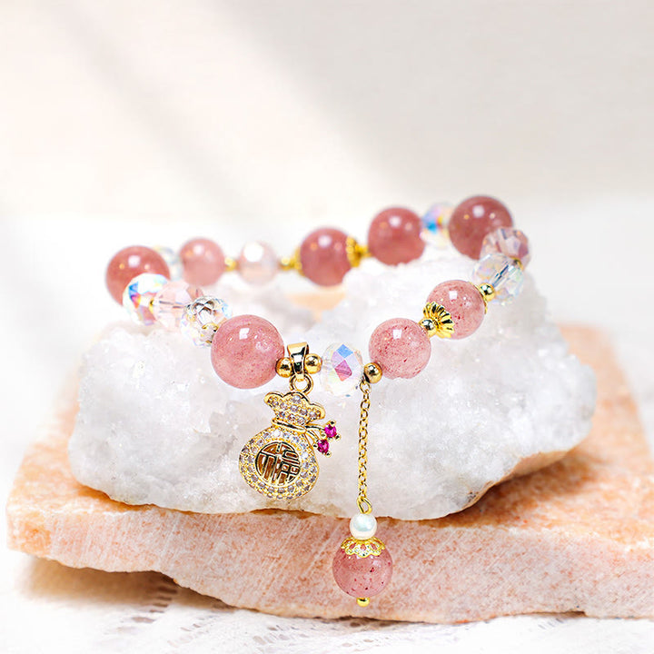 Buddha Stones 天然ストロベリークォーツ マネーバッグチャーム付き ポジティブブレスレット
