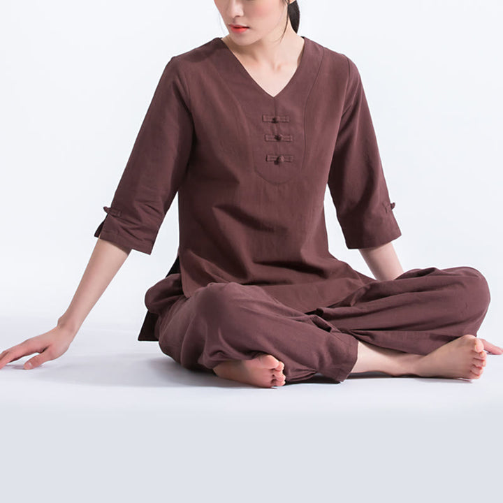 Buddha Stonesヨガ瞑想祈りVネックデザインコットンリネン服ユニフォーム禅練習レディースセット