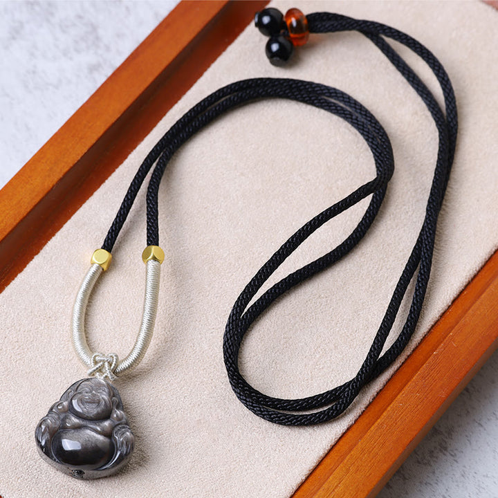 Buddha Stones天然銀光沢黒曜石 笑う仏陀 守護ネックレスペンダント - 笑い仏のブラックネックレス - image 10