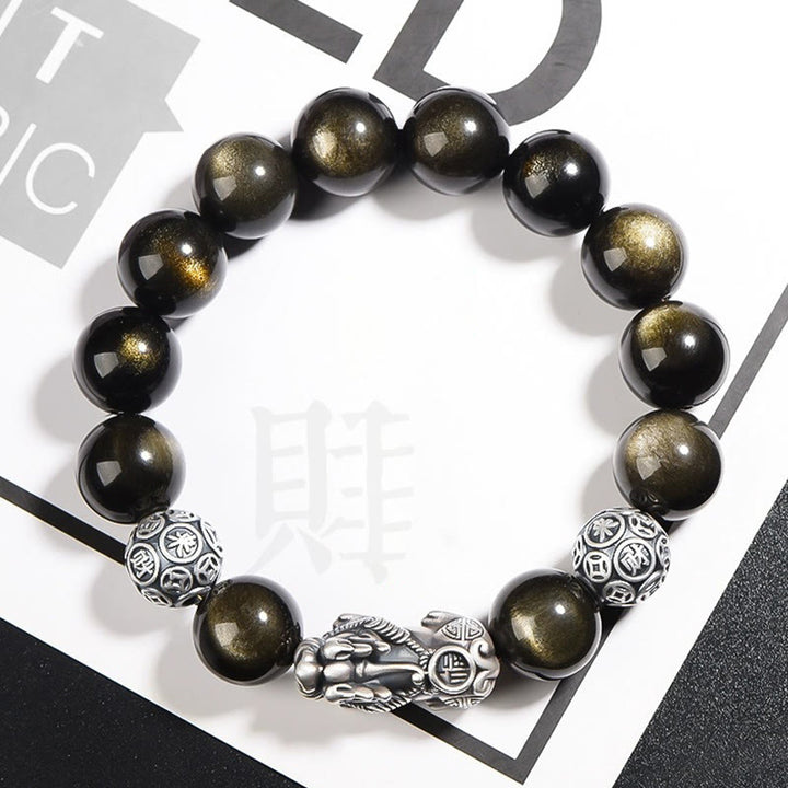 Buddha Stones925スターリングシルバー 天然ゴールド 光沢 黒曜石 貔貅 富の守護ブレスレット