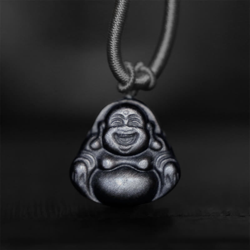 Buddha Stones天然銀光沢黒曜石 笑う仏陀 守護ネックレスペンダント - image 1