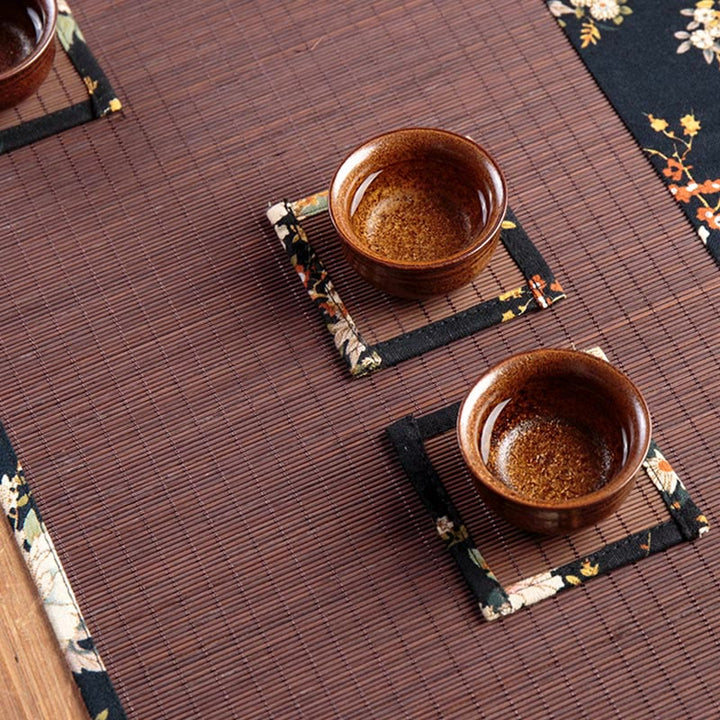Buddha Stonesヴィンテージ 牡丹の花 竹製 カップマット パッド ティーカップ コースター カンフー ティーマット
