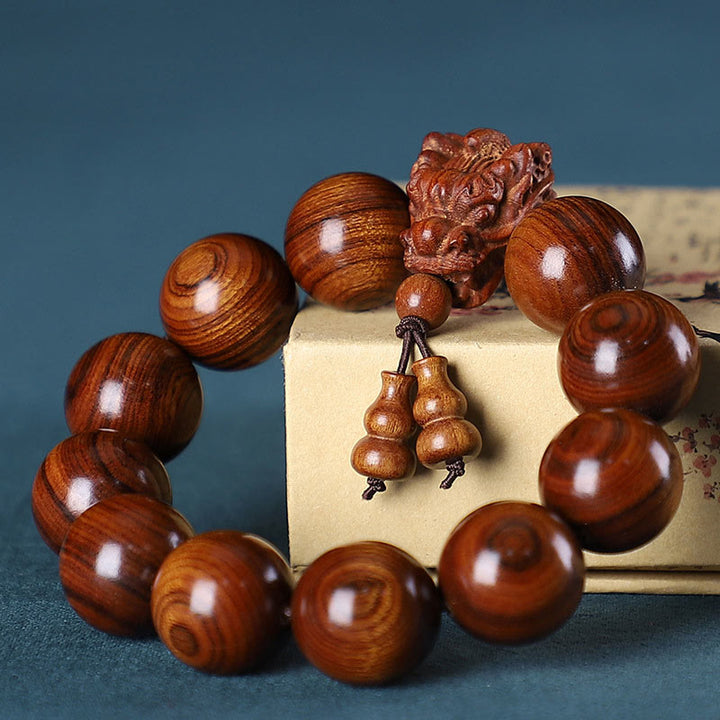 Buddha Stones、ローズウッド、グリーンサンダルウッド、小葉紫檀、龍彫刻の守護ブレスレット