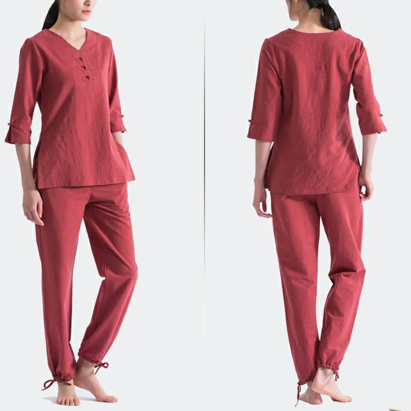 Buddha Stonesヨガ瞑想祈りVネックデザインコットンリネン服ユニフォーム禅練習レディースセット - image 13