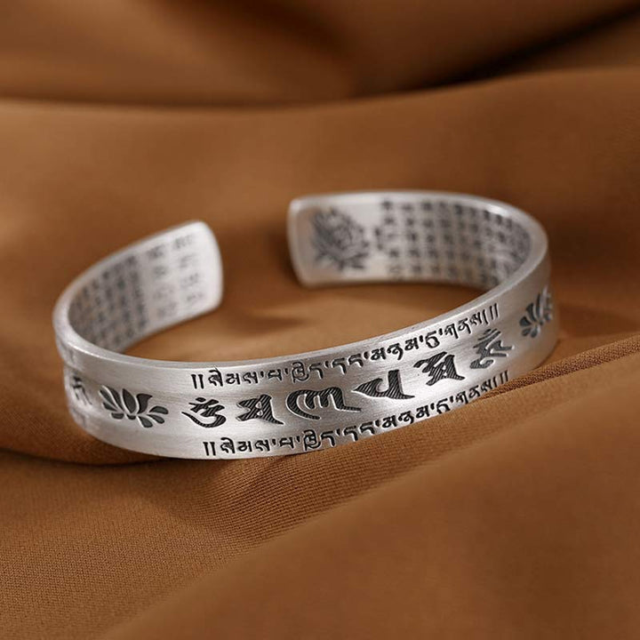 Buddha Stones999スターリングシルバーオーム・マニ・パドメ・フムロータスウィズダムブレスレット バングル