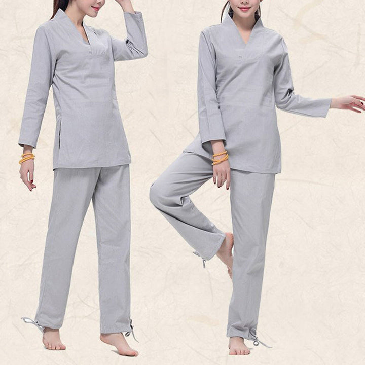 Buddha Stones禅 練習 ヨガ 瞑想 祈り Vネックデザイン ユニフォーム コットンリネン 服 レディース セット - image 6