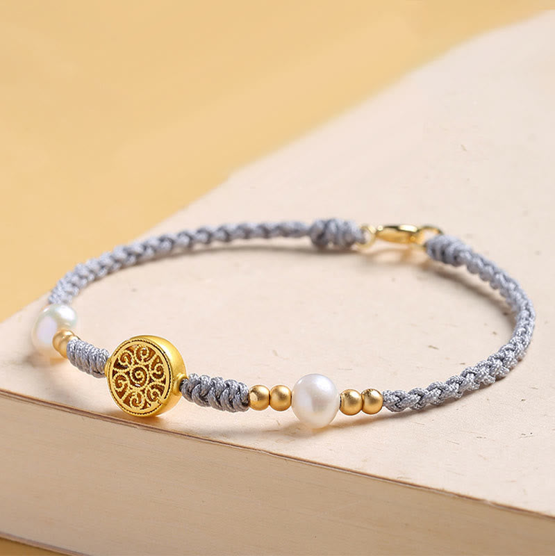 Buddha Stones、銅貨、幸運の木、真珠、幸運の青いロープ編みブレスレット