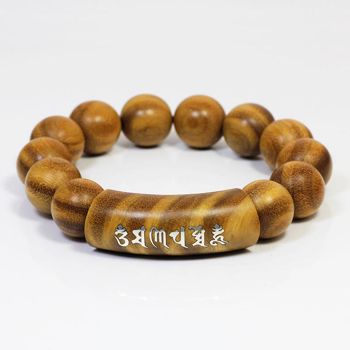 Buddha Stones999 スターリングシルバー グリーンサンダルウッドオーム・マニ・パドメ・フムドラゴンフェニックス ダルマチャクラ象嵌 平和ブレスレット