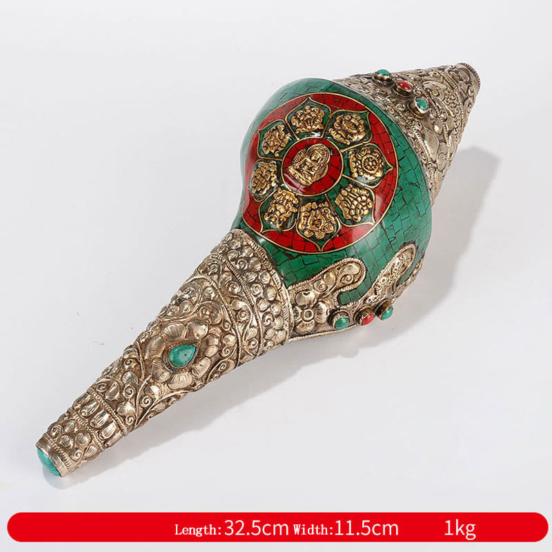 チベット手作り Shankha Om Mani Padme Hum Buddha Avalokitesvara ターコイズ コンクシェル ポジティブ装飾