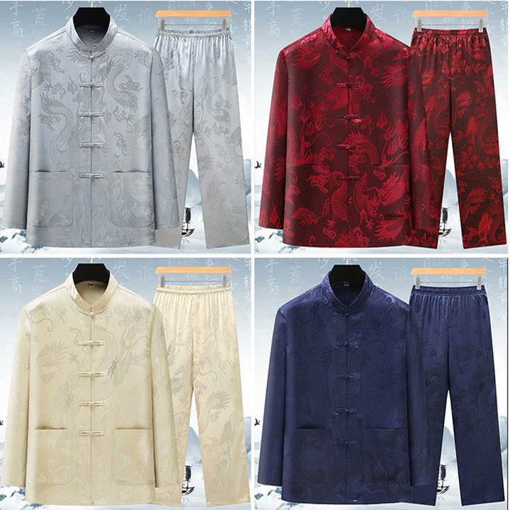 Buddha Stones唐装男性漢服中国龍伝統衣装カンフーシャツ制服長袖コートトップスとパンツ衣類メンズセット - image 18